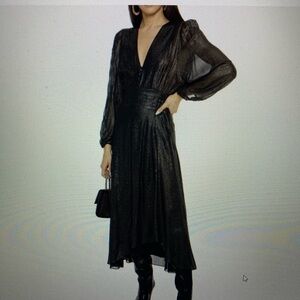 IRO Joucgue Pintuckef metallic Silver polka dot chiffon Midi dress, size M